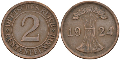 Германия 2 рентенпфеннига 1924 A KM 31, J. 307 бронза 4147-1243