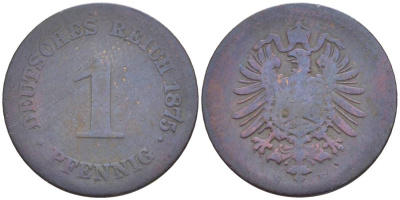 ГЕРМАНИЯ 1 ПФЕННИГ 1875 Е, СТАРОГЕРБОВКА KM 1, Jager. 1, Weege 1 медь 4528-1058