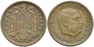 Испания 1 песета 1953 (56) Франциско Франко (1939-1975) KM 775 алюминиевая бронза 110-1126