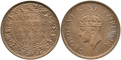 Британская Индия 1/4 анна 1942 Георг VI (1937-1952) KM 531 бронза aUNC 93-544