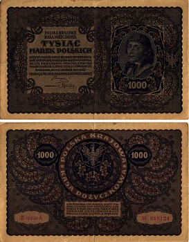 ПОЛЬША 1000 МАРОК 1919 23 АВГУСТА 1919, ТРЕТИЙ ВЫПУСК, ПОРТРЕТ КОСТЮШКО Pick 29 бумага VF 8607-21-1