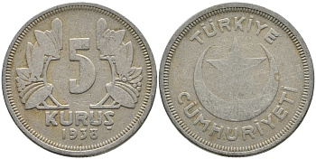 ТУРЦИЯ 5 КУРУШЕЙ 1938 KM 862 медно-никель 4541-244