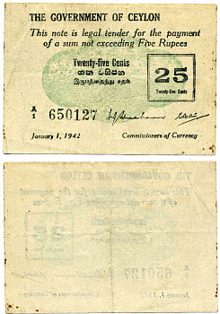 ЦЕЙЛОН 25 ЦЕНТОВ 1942 1 ЯНВАРЯ 1942, ПЕРВЫЙ ВЫПУСК Pick 40 бумага 451-404-3