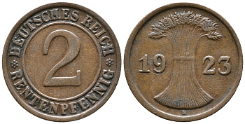 ГЕРМАНИЯ 2 РЕНТЕНПФЕННИГА 1923 D KM 31, J. 307 бронза 24-353