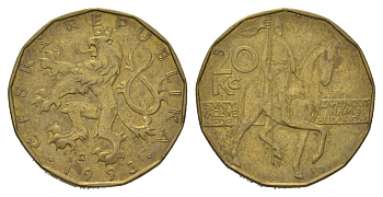 Чехия 20 крон 1993 чешский лев, герцог Вацлав на коне KM 5 сталь плакированная латунью 4622-421