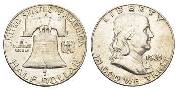 США 1/2 доллара (50 центов) 1963 Бенджамин Франклин, колокол KM 199 серебро  aUNC  4574-713