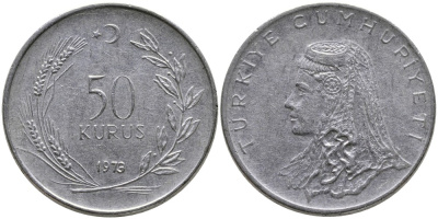 Турция 50 курушей 1973 Анатолийская невеста KM 899 нержавеющая сталь 4541-836