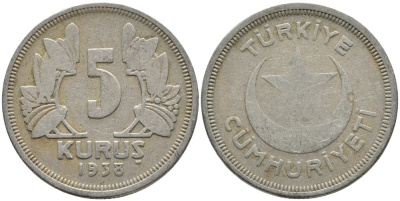 ТУРЦИЯ 5 КУРУШЕЙ 1938 KM 862 медно-никель 4541-244