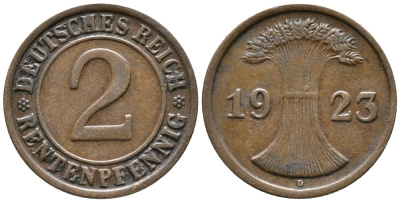 ГЕРМАНИЯ 2 РЕНТЕНПФЕННИГА 1923 D KM 31, J. 307 бронза 24-353