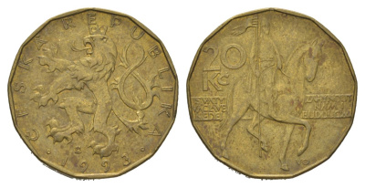 Чехия 20 крон 1993 чешский лев, герцог Вацлав на коне KM 5 сталь плакированная латунью 4622-421