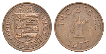 Гернси 2 пенса 1977 Елизавета II (1952-2022), ветряная мельница KM 28 бронза 4703-1057