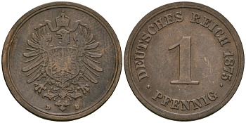 Германия 1 пфенниг 1875 D, Вильгельм I (1871-1888) KM 1, J. 1 медь 4181-655