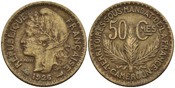 Камерун 50 сантимов 1926 (a), мондвор Париж KM 1 алюминиевая бронза 4169-1118