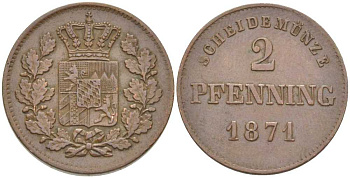 Бавария 2 пфеннига 1871 Людвиг II (1864-1886) KM 478 медь 202-255