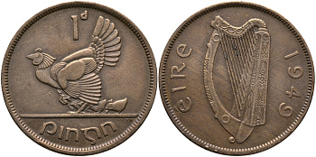 ИРЛАНДИЯ 1 ПЕННИ 1949 КУРИЦА С ЦЫПЛЯТАМИ KM 11 бронза 3457-234