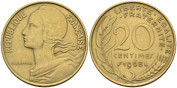 Франция 20 сантимов 1968 тип Marianne KM 930 медь алюминий никель    4595-1055