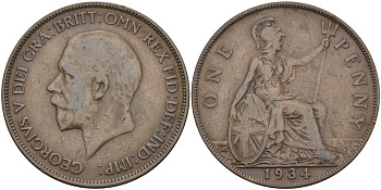 Великобритания 1 пенни 1934 Георг V (1910 - 1936) KM 838, Spink 4055 бронза 4149-735