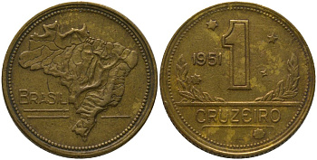 Бразилия 1 крузейро 1951 KM 558 алюминиевая бронза 4577-427