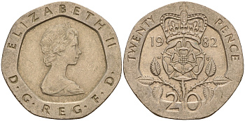 Великобритания 20 пенсов 1982 Елизавета II (1952-2022) KM 931, Spink 4230 (G1) медно-никель    4187-536