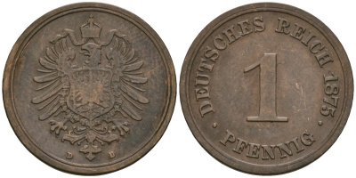 Германия 1 пфенниг 1875 D, Вильгельм I (1871-1888) KM 1, J. 1 медь 4181-655