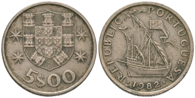 Португалия 5 эскудо 1982 парусник KM 591 медно-никель 4619-714