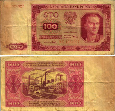 ПОЛЬША 100 ЗЛОТЫХ 1948 1 ИЮЛЯ 1948 Pick 139a бумага VF 7183-38-3-2