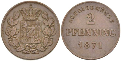Бавария 2 пфеннига 1871 Людвиг II (1864-1886) KM 478 медь 202-255