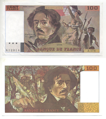 ФРАНЦИЯ 100 ФРАНКОВ 1990 ЭЖЕН ДЕЛАКРУА Pick 154d бумага XF+ 3295-43-1