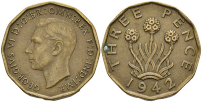 Великобритания 3 пенса 1942 Георг VI (1936-1952) KM 849, Spink 4112 никель латунь 4126-716