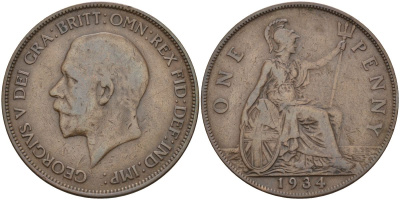 Великобритания 1 пенни 1934 Георг V (1910 - 1936) KM 838, Spink 4055 бронза 4149-735