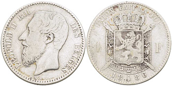 Бельгия 1 франк 1886 Леопольд II (1865-1909), BELGES KM 28.2 серебро 4514-623