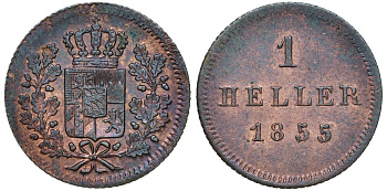 Бавария 1 геллер 1855 Максимилиан II (1848-1864) AKS 162 медь 4174-1022