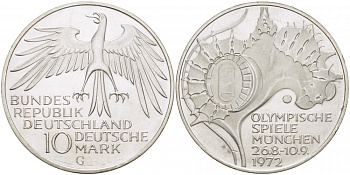 ФРГ 10 МАРОК 1972 G, ОЛИМПИАДА, СТАДИОН KM 133, J.404 серебро UNC 4127-125