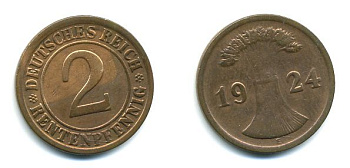 ГЕРМАНИЯ 2 РЕНТПФЕННИГА 1924 E J 307, KM 31 бронза 46-1243