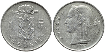 Бельгия 1 франк 1958 Belgie, Бодуэн I (1951-1993) KM 143.1 медно-никель 4388-426