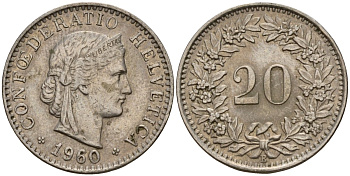 Швейцария 20 раппенов 1960 B KM 29a медно-никель 4187-545