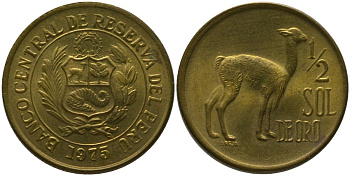 Перу 1/2 соль 1975 KM 260, Schon 52.3 латунь UNC 4539-1143