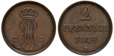 Ганновер 2 пфеннига 1849 B, Эрнст Август (1837-1851) KM 202.1, AKS 124, J. 75 медь 75-1926