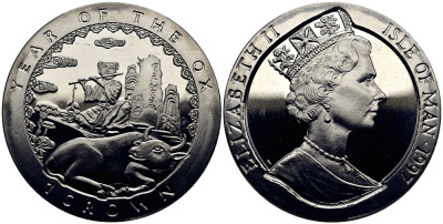 Остров Мэн 1 крона 1997 год быка KM 725 медно-никель UNC M90-21