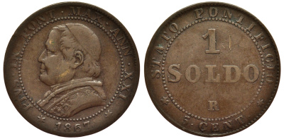 Ватикан 1 сольдо 1867 Папа Пий IX (1846-1878), большой бюст KM 1372.2 медь 55-116