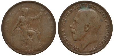 Великобритания 1 пенни 1919 KN Георг V (1910-1932) KM 810, Spink 4053 бронза 1524-522