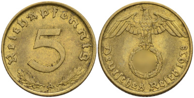 Германия 5 рейхспфеннигов 1938 A KM 91, J. 363 алюминиевая бронза 4151-828