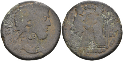 Римская Империя, Провинция Азия, Лидия, Сарды AE 198 - 217 Каракалла, бюст императора, надчеканка - САРД / Тихе Сардская и Тихе Эфесская, 29 мм, 10,05 гр бронза 1100-4-14