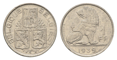 Бельгия 1 франк 1939 Леопольд III (1934-1950), Belgique-Belgie, лев KM 119 никель 4648-1135