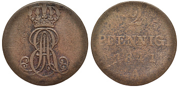 Ганновер 2 пфеннига 1841 A, Эрнст Август (1837-1851) KM 174.1, AKS 122, J. 55 медь 75-1717