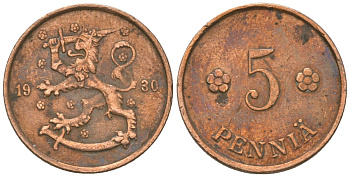 Финляндия 5 пенни 1930 KM 22 медь 4174-412