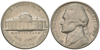 США 5 центов 1964 D, Джефферсон KM А192 медно-никель 4641-416