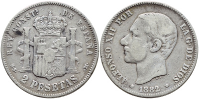 Испания 2 песеты 1882 MS-M, Альфонсо XII (1874-1885) KM 678 серебро 443-625