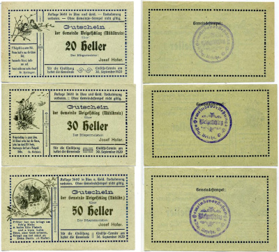 ВАЙГЕТШЛАХ, Австрия набор из 9 БАННОТ 1920 30 сентября 1920, нотгельд (20, 30, 50 геллеров), НА РОЗОВОЙ, ЖЁЛТОЙ И ГОЛУБОЙ БУМАГЕ, земля ЗАЛЬЦБУРГ бумага 2193-25-3-1