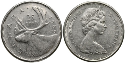 Канада 25 центов 1969 Елизавета II (1952-2022), олень KM 62 b никель 3336-242